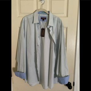 Light blue and green button up dress shirt with print on cuffs
